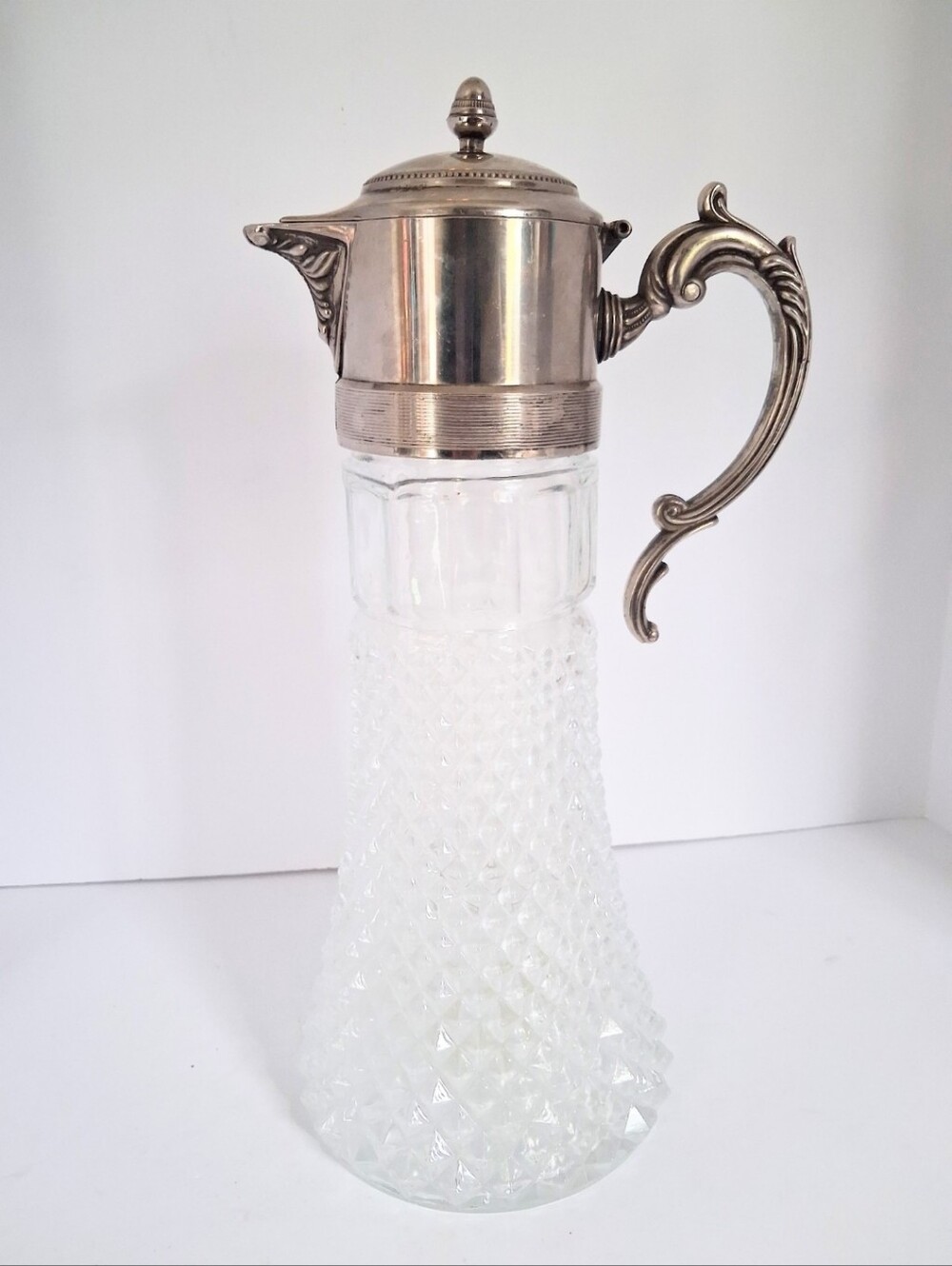 70's Vintage Leonard Crystal Silver Plated Serving Pitcher Full Lead Glass 14"
